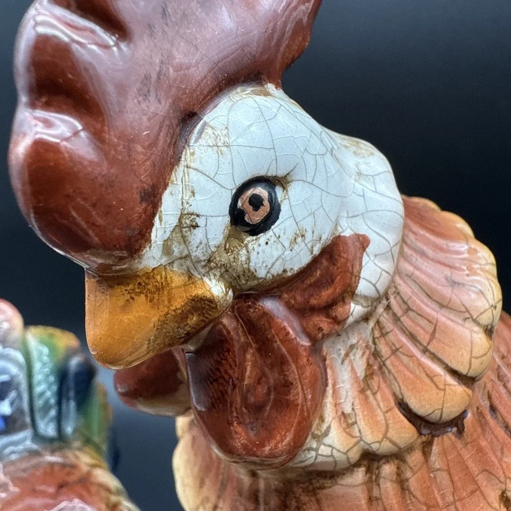 Rooster‎ Hen Baby Chick Figurine - Crackle Effect Colorful Vintage